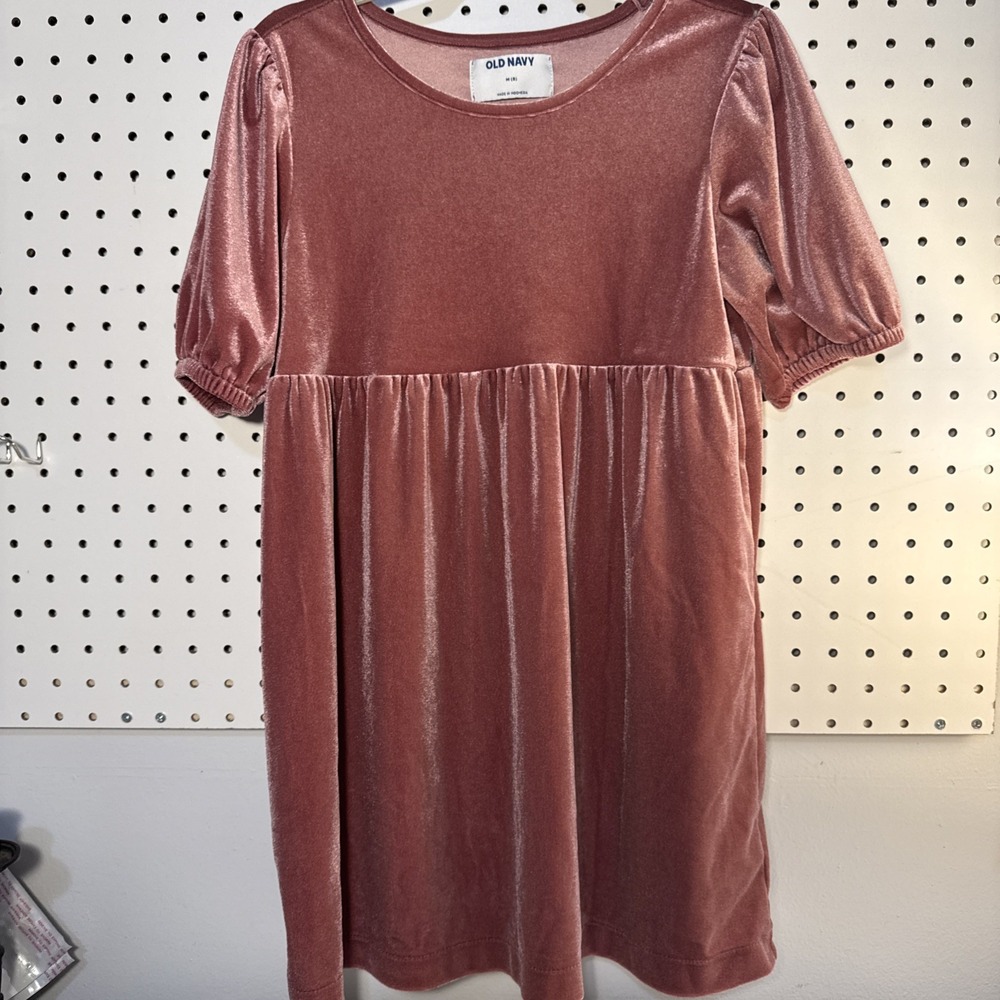 Old Navy Girls Pink puff sleeve rose‎ bloom Velvet Short Sleeve Dress Size M (8)